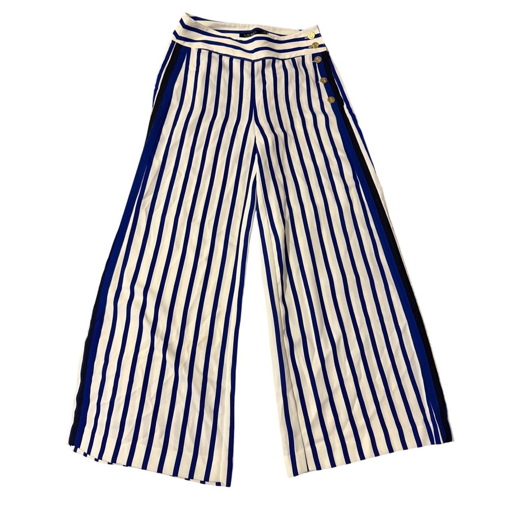 Lauren Ralph Lauren Blue White Striped Wide Leg Sailor Pants Gold Button 6